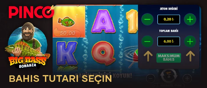 Pinco web sitesinde Big Bass Bonanza'da bahis tutarını seçin