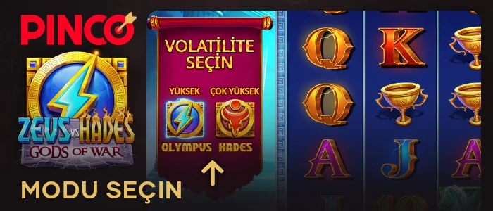 Pinco Casino'da oynarken Zeus vs Hades slotunda volatilite modunu seçin
